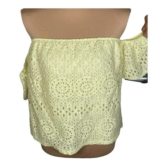 💛 Everly Yellow Eyelet Boxy Short Sleeve Crop Cotton Top Medium - Picture 2 of 12